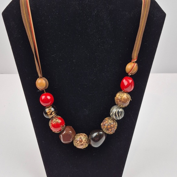 The Unbranded Brand Jewelry - Global Chic Beaded Ribbon Necklace Animal Print Red Brown Chunky Boho Y2K 38"